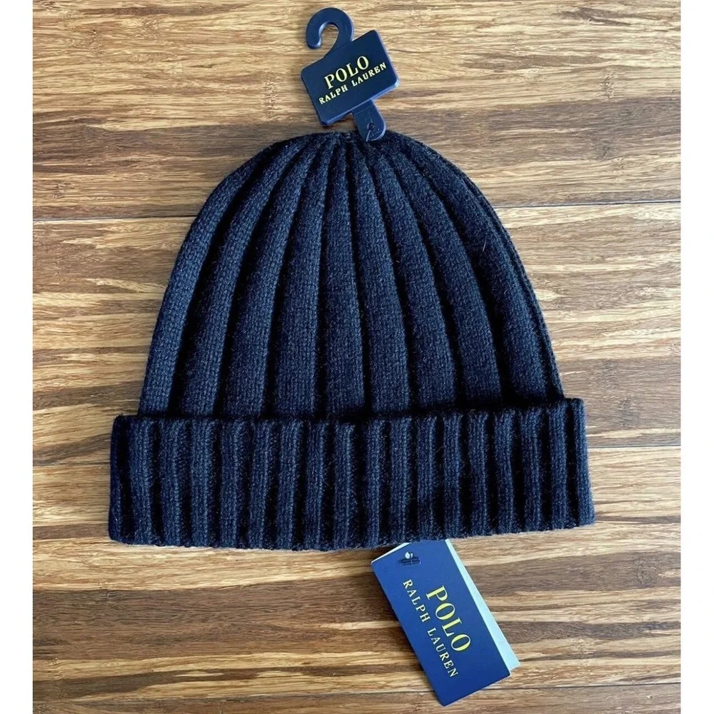 Polo Ralph Lauren‎ Signature Merino Wool Blend Cuffed Beanie Black With Red New